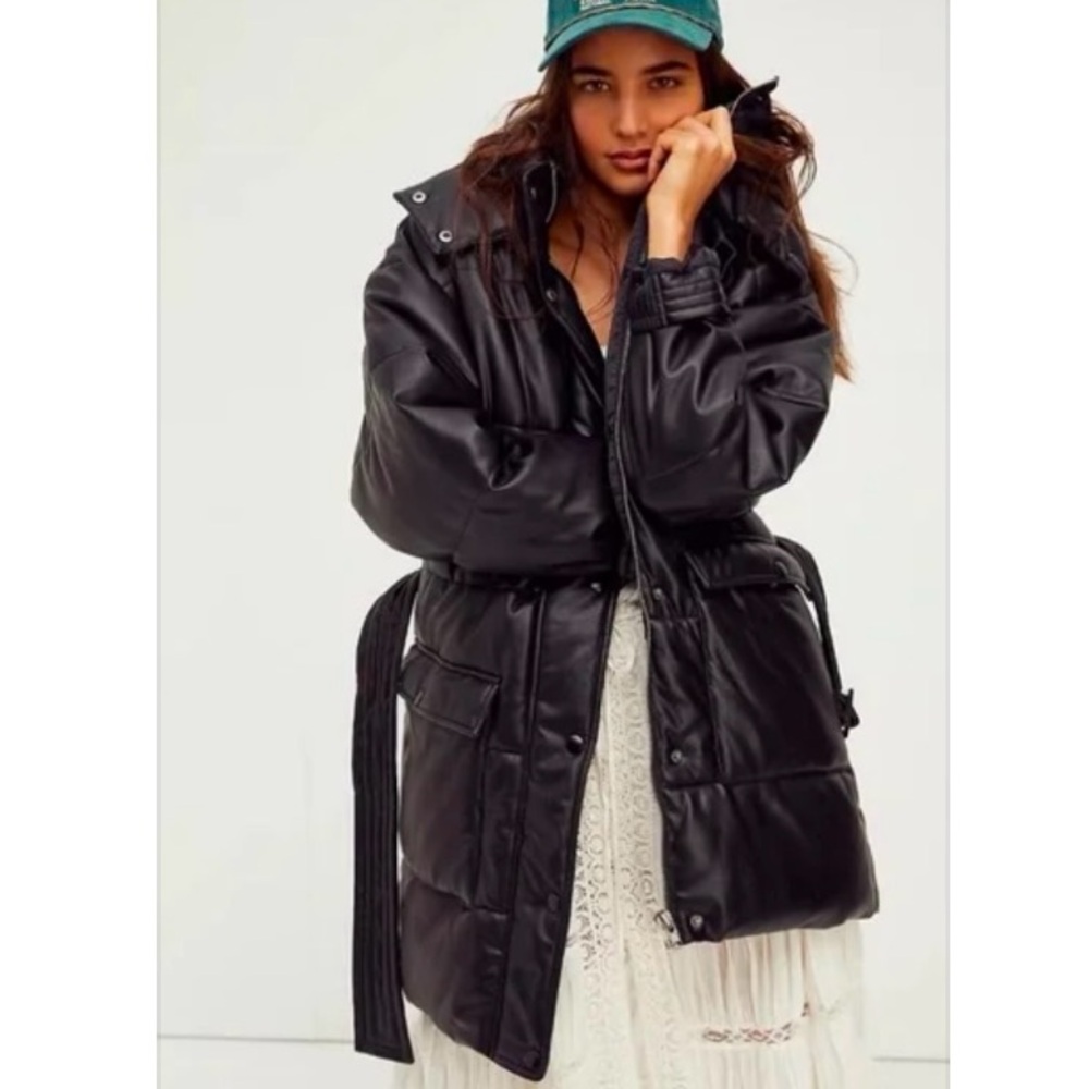 Apparis Selma Faux Leather Belted Puffer Coat